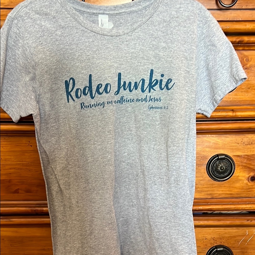 Gray Graphic T-Shirt with Blue Text